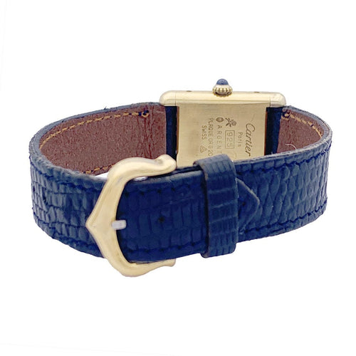 Montre Montre Cartier "Tank Must" argent plaqué or, cadran laqué bleu. 58 Facettes 33539