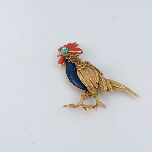 Broche Champagnat - Broche coq, corail et lapis lazuli 58 Facettes