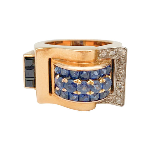Bague 52 Bague Tank or rose, platine, saphirs, diamants. 58 Facettes 31372