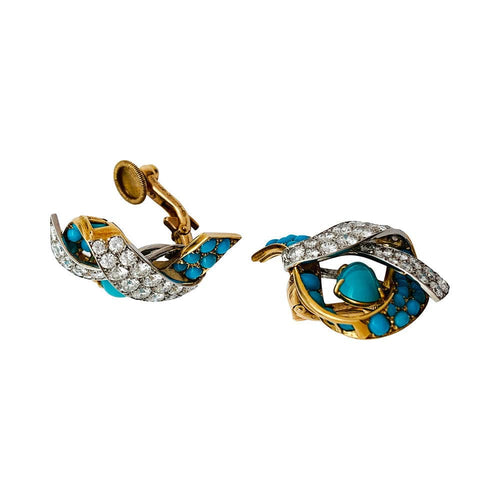 Boucles d'oreilles Parure Cartier Paris, turquoises et diamants. 58 Facettes 30646/30347