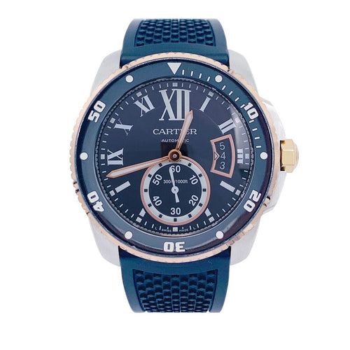 Montre Montre Cartier Calibre en or et acier sur bracelet caoutchouc. 58 Facettes 32552