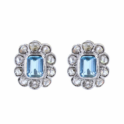 Boucles d'oreilles Boucles d'oreilles anciennes marguerites aigue-marines et diamants taillés en rose 58 Facettes 21-717