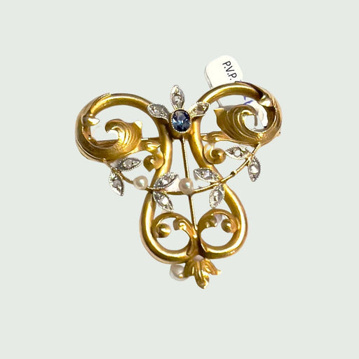 Broche Broche en or 18 ct avec saphir, diamants et perle 58 Facettes Q233A(749)