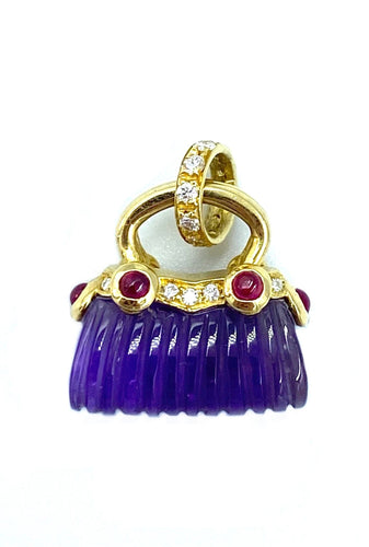 Pendentif Pendentif Sac à main en or jaune, améthyste, diamants et rubis 58 Facettes