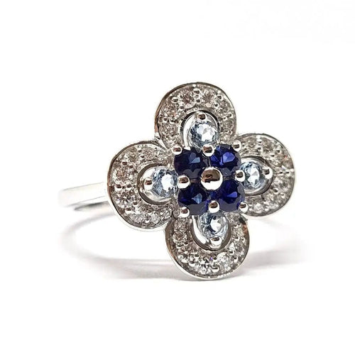 Bague Bague fleur Saphirs, Aigue-Marine, Diamants 58 Facettes