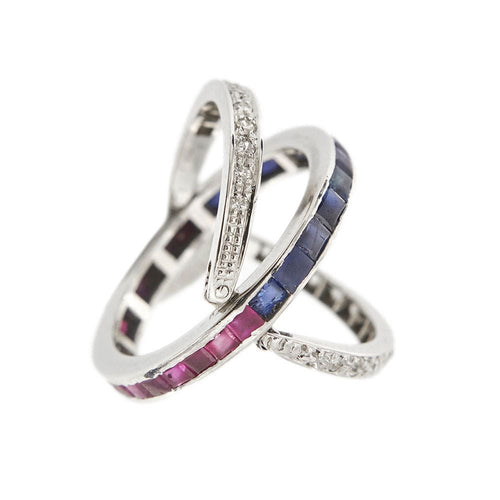 Bague 55 Bague Art Déco avec saphirs, rubis et diamants 58 Facettes 28944