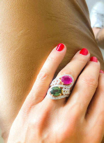 Bague Bague cocktail toi et moi ,en or jaune et gris sertie de tourmalines 58 Facettes