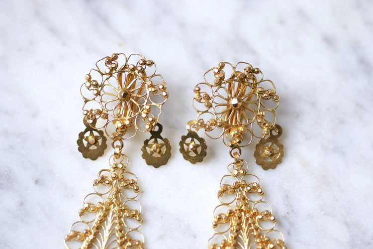 Boucles d'oreilles gouttes pendantes orientales en or jaune filigrané, vintage 58 Facettes