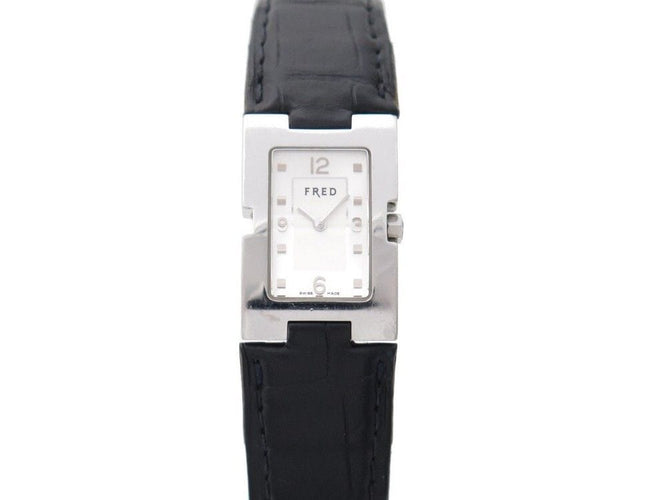 Montre montre FRED r12 100 quartz 30 mm en acier palladie & cuir croco 58 Facettes 241316