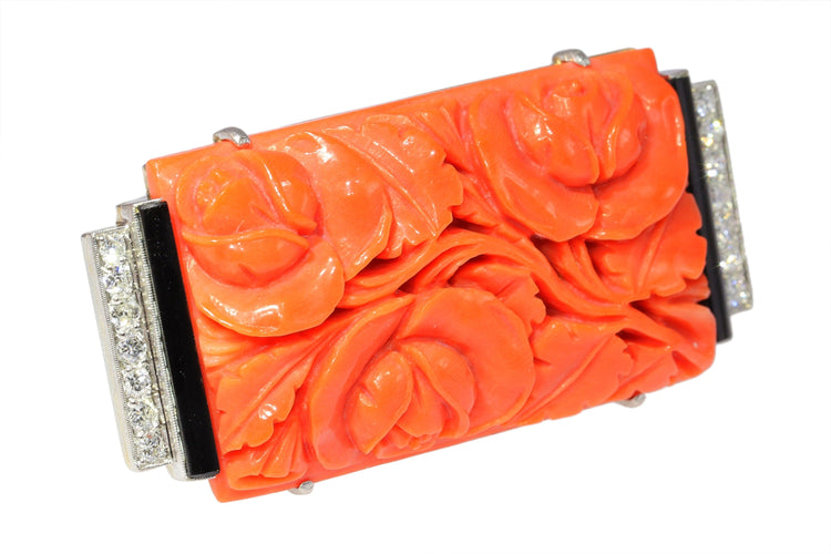 Broche Broche Art Déco Diamants Onyx Corail Sanguin 58 Facettes 23277-0093