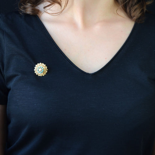 Broche Broche pendentif or jaune perle de culture et perles turquoises 58 Facettes CVBR17