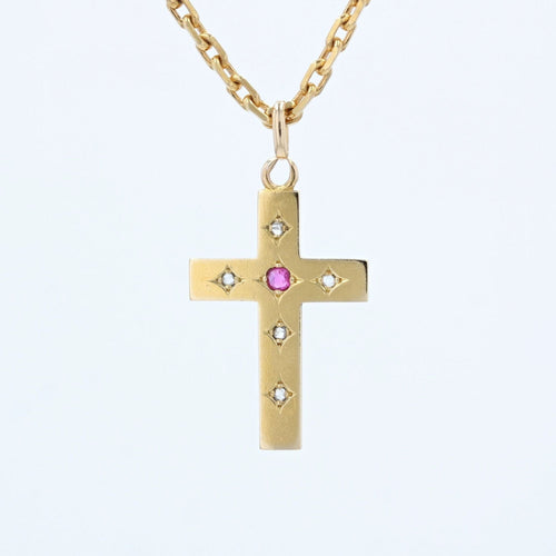 Pendentif Croix ancienne diamants et rubis 58 Facettes 22-451