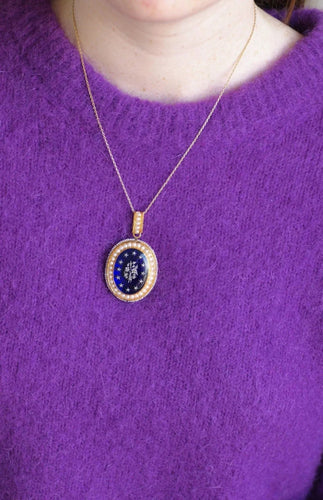 Pendentif Médaillon ouvrant Or jaune Argent Email Diamants Perles 58 Facettes