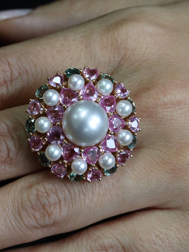 Bague 54 Bague de cocktail Perles Saphirs de couleur 58 Facettes 2976