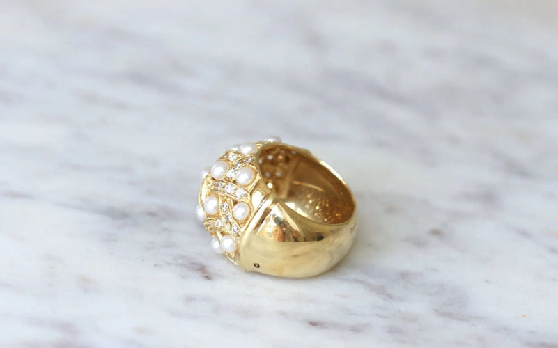 Bague Bague jonc croisillons perles et diamants 58 Facettes