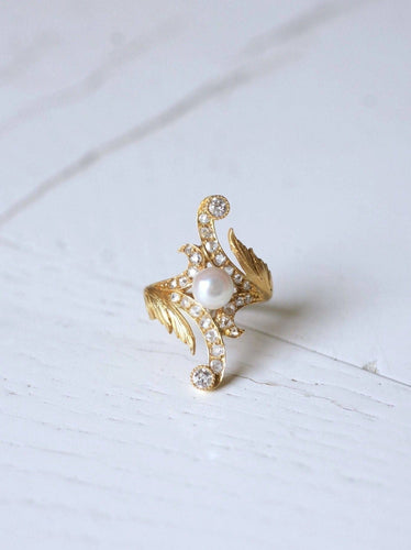 Bague Marquise Style Art Nouveau or 14Kt, diamants, perle 58 Facettes