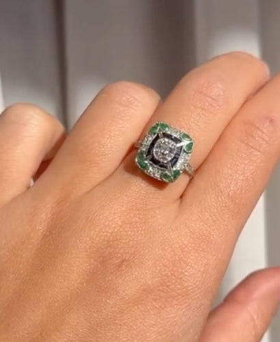 Bague 55 Bague style Art Déco Platine Diamant Saphirs Emeraudes 58 Facettes