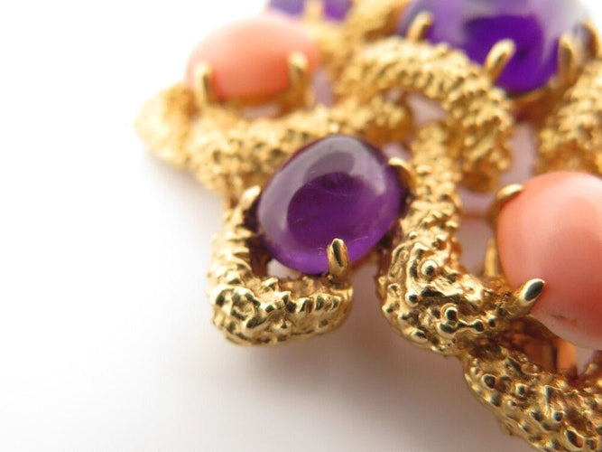 Broche broche pendentif VAN CLEEF & ARPELS delphes 1975 or cabochons corail & amethyste 58 Facettes 257359