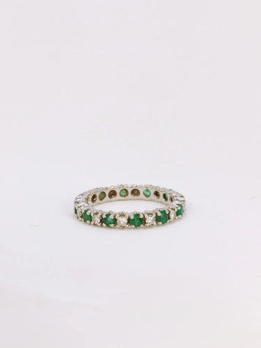 Bague Alliance américaine en or blanc, diamants et émeraudes 58 Facettes J46