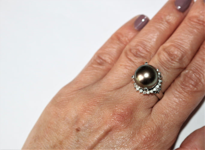 Bague Bague platine et perle grise de Tahiti 58 Facettes 384