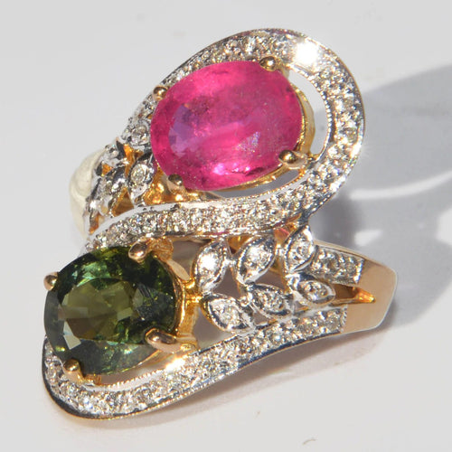 Bague Bague cocktail toi et moi ,en or jaune et gris sertie de tourmalines 58 Facettes