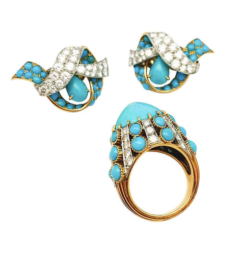 Boucles d'oreilles Parure Cartier Paris, turquoises et diamants. 58 Facettes 30646/30347