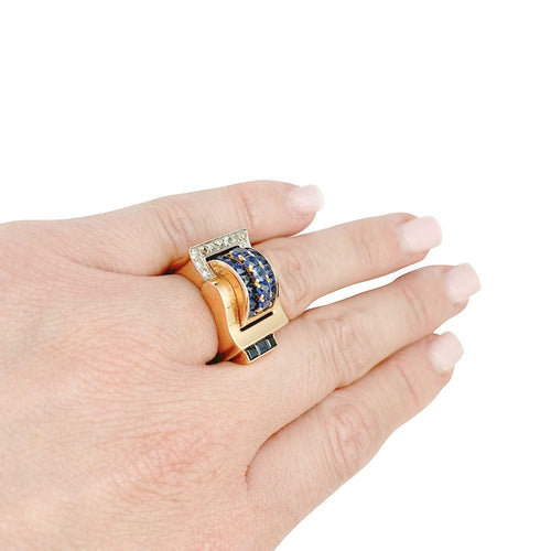 Bague 52 Bague Tank or rose, platine, saphirs, diamants. 58 Facettes 31372