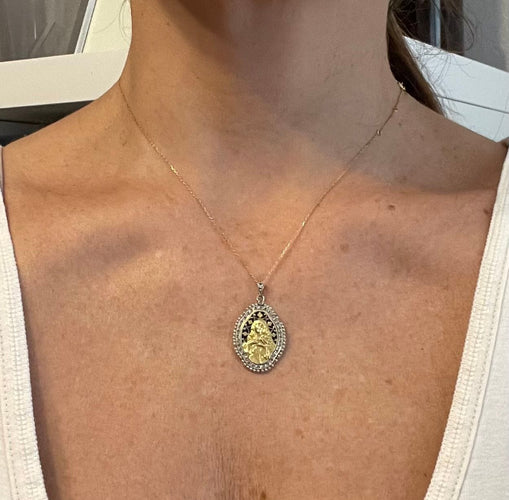 Pendentif Médaille de la Vierge Marie or, diamants et perles, vers 1900 58 Facettes