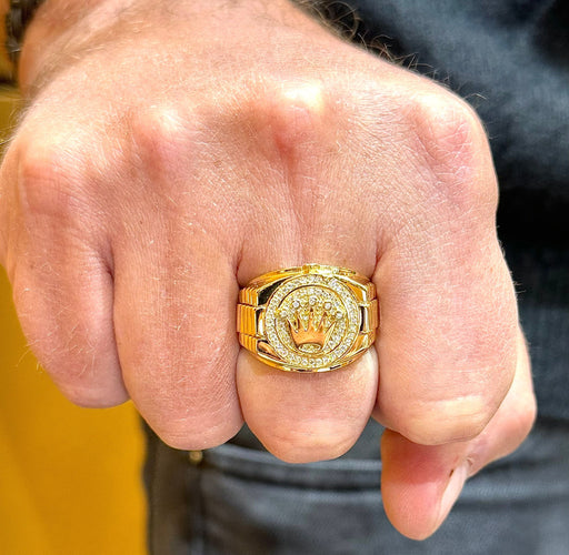 Bague 63 Chevalière couronne en or jaune 18 carats et zirconium 58 Facettes