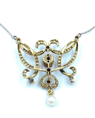 Collier Pendentif Négligé Belle Epoque or, platine, rubis et diamants 58 Facettes
