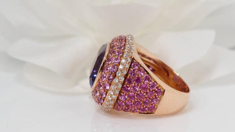 Bague Bague or jaune améthyste diamants tourmalines roses 58 Facettes 31045