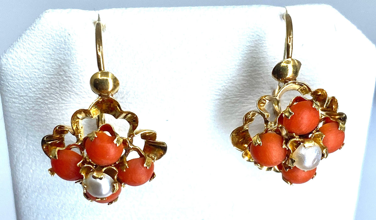 Boucles d'oreilles Parure Napoléon III - pendentif et boucles d’oreilles or, jaune, corail et perles fines 58 Facettes AB185