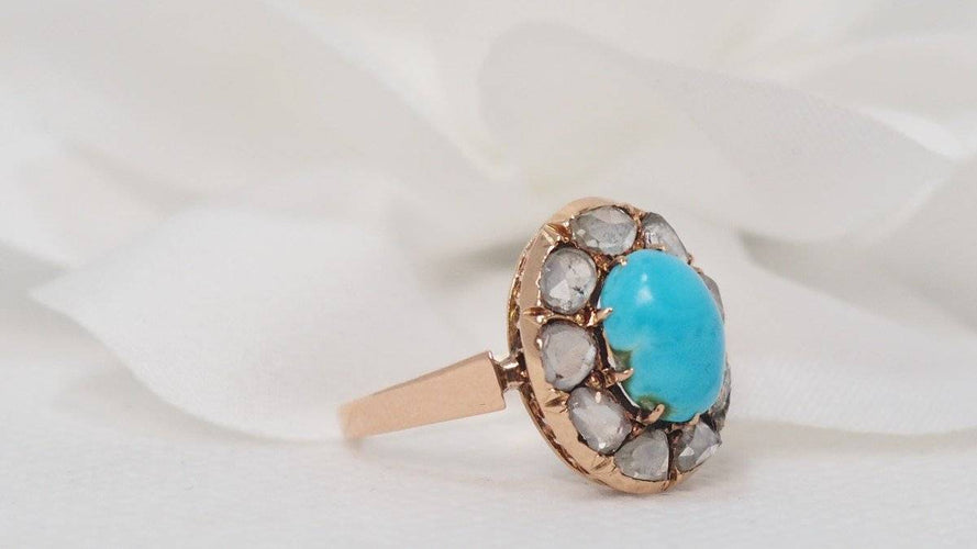 Bague Bague ancienne or rose turquoise et diamants taille rose 58 Facettes 30706