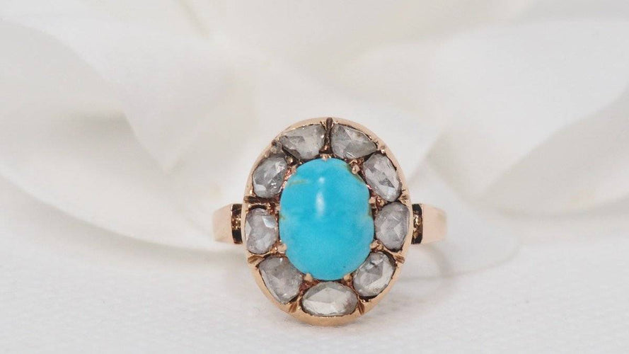 Bague Bague ancienne or rose turquoise et diamants taille rose 58 Facettes 30706