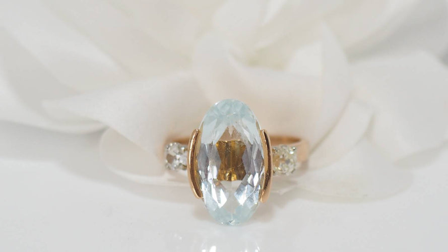 Bague 55.5 Bague vintage en or jaune, aigue marine et diamants 58 Facettes 30670