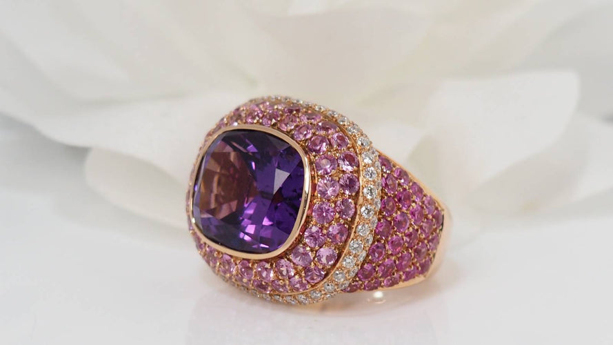 Bague Bague or jaune améthyste diamants tourmalines roses 58 Facettes 31045