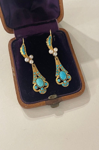 Boucles d'oreilles Pendants d'Oreilles Or, Turquoises Et Perles 58 Facettes