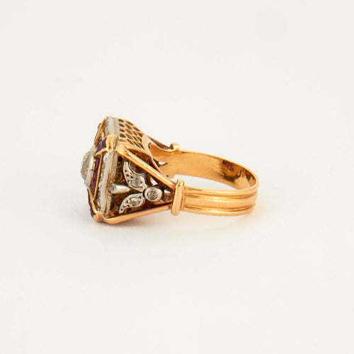 Bague 51 Bague Art Déco Diamant taille coussin Rubis 58 Facettes