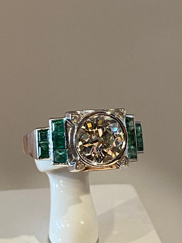 Bague 52 Bague Art Déco Platine, Diamant 1,55cts et Emeraudes 58 Facettes