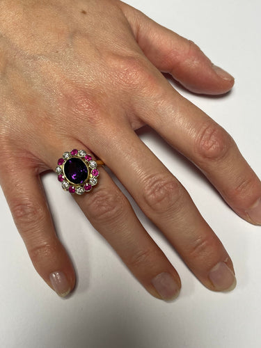 Bague 55 Bague ovale festonnée Améthyste Diamants Rubis 58 Facettes