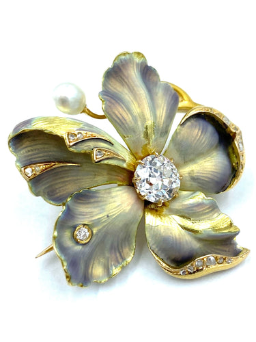 Broche Broche Art Nouveau or, émail, diamants et perle 58 Facettes