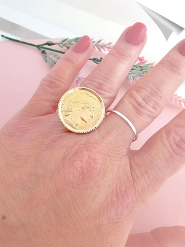 Bague Bague pièce 20 Francs Marianne coq 1907 or jaune 58 Facettes AA 1565