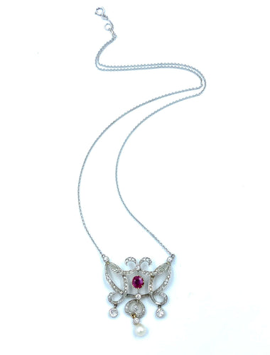 Collier Pendentif Négligé Belle Epoque or, platine, rubis et diamants 58 Facettes