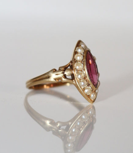 Bague 50.5 Bague Marquise Napoléon III Or Jaune, Perles Et Grenat 58 Facettes 496