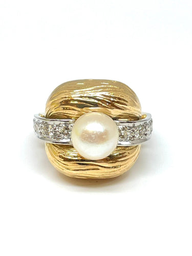 Bague Bague en or jaune diamants taille ancienne et perle 58 Facettes