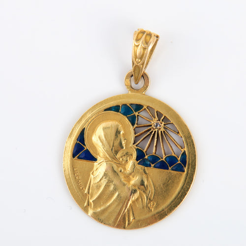 Pendentif Médaille Art Nouveau Liegault diamant et émail plique à jour 58 Facettes