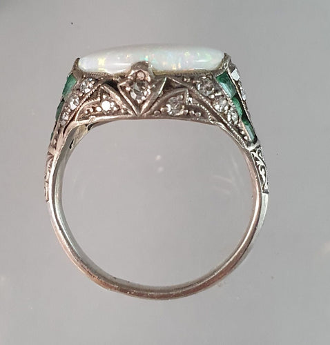 Bague 55 Bague Art Déco Argent Opale Emeraudes Diamants 58 Facettes