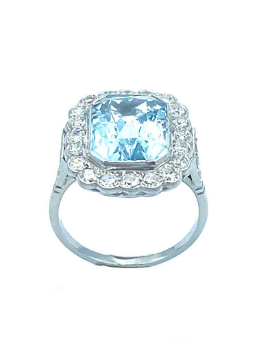 Bague Bague Belle Époque platine, aigue-marine et diamants 58 Facettes