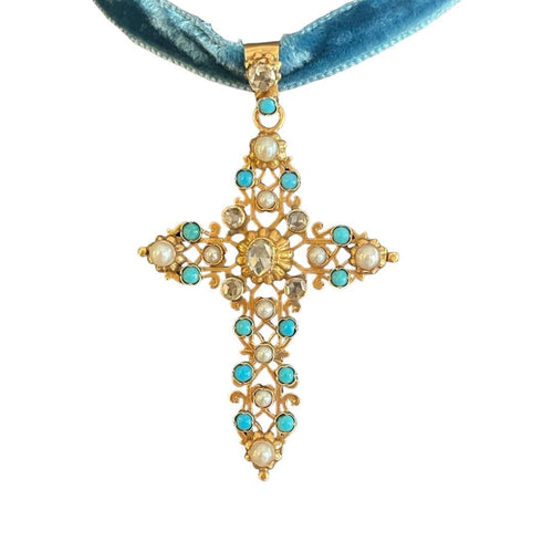 Pendentif Croix Napoléon III Turquoises Perles fines 58 Facettes 1157412