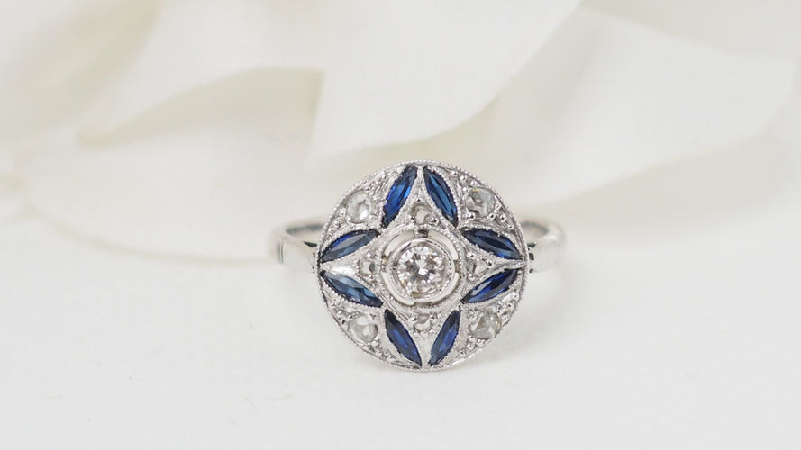 Bague 51 Bague Art Déco Or blanc Saphir Diamants 58 Facettes 32454